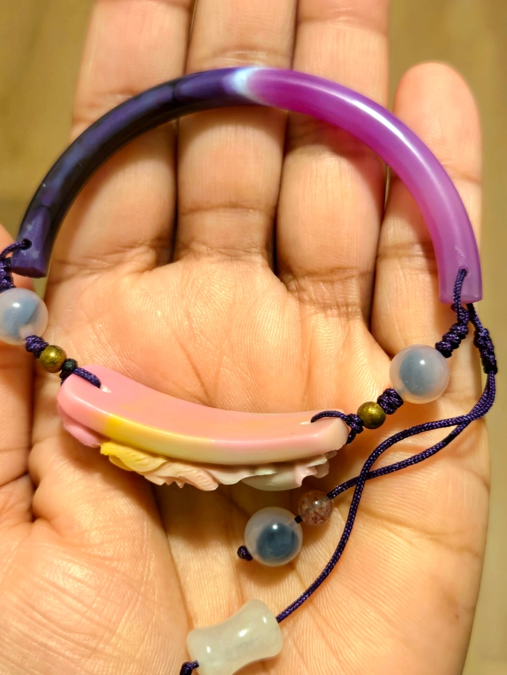 Purple-to-Pink Gradient Resin Bracelet with Floral Carved Accent